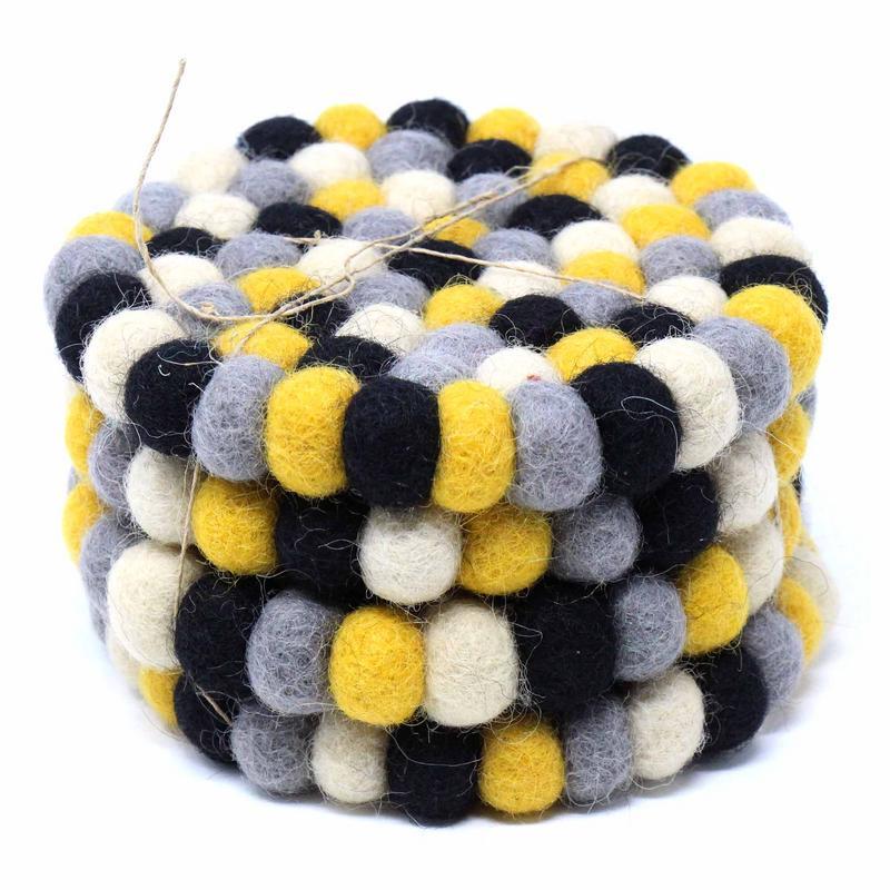 Hand Crafted Felt Ball Coasters from Nepal: 4-pack, Mustard