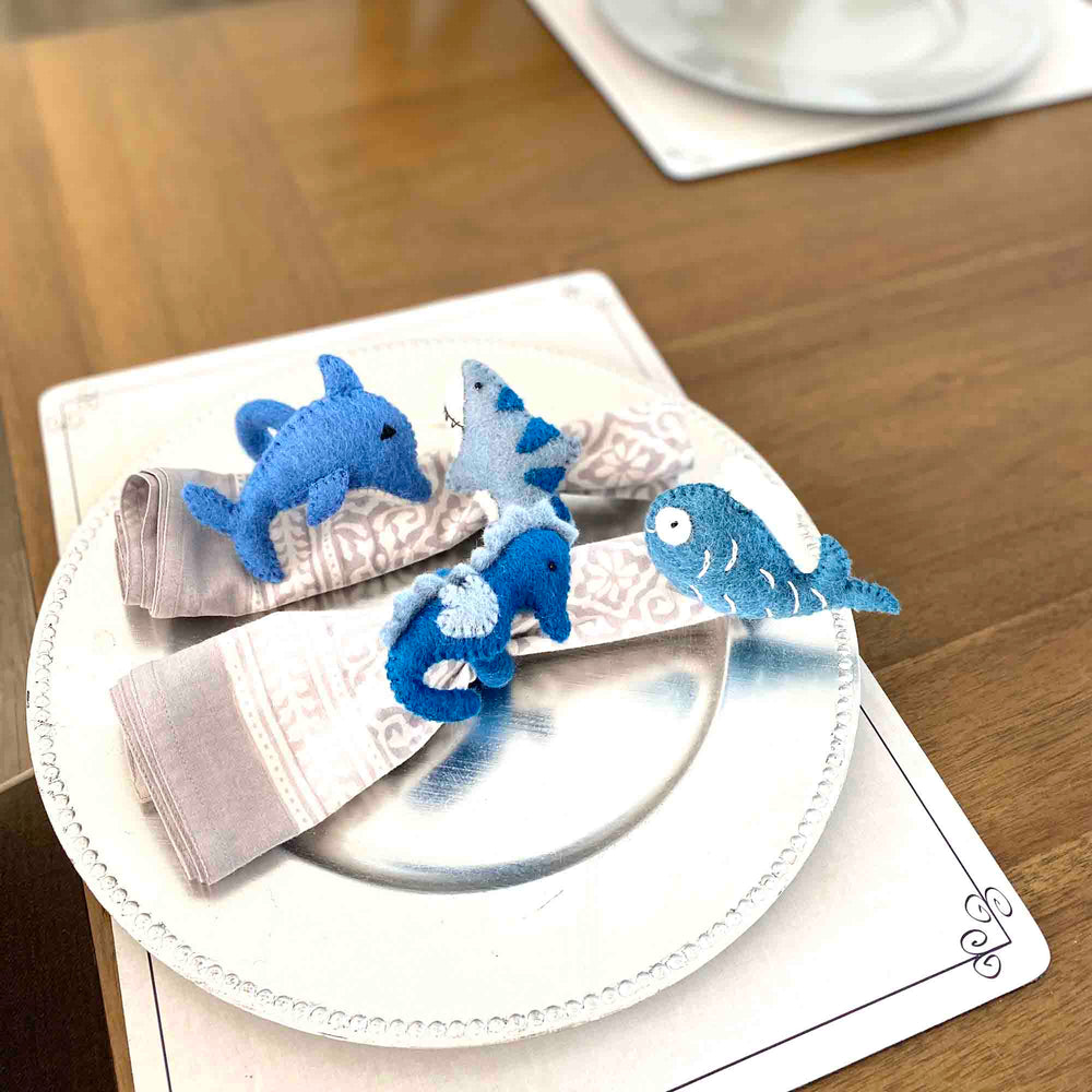 Nautical Shark, Whale & Seahorse Felt Napkin Rings, Set of 4