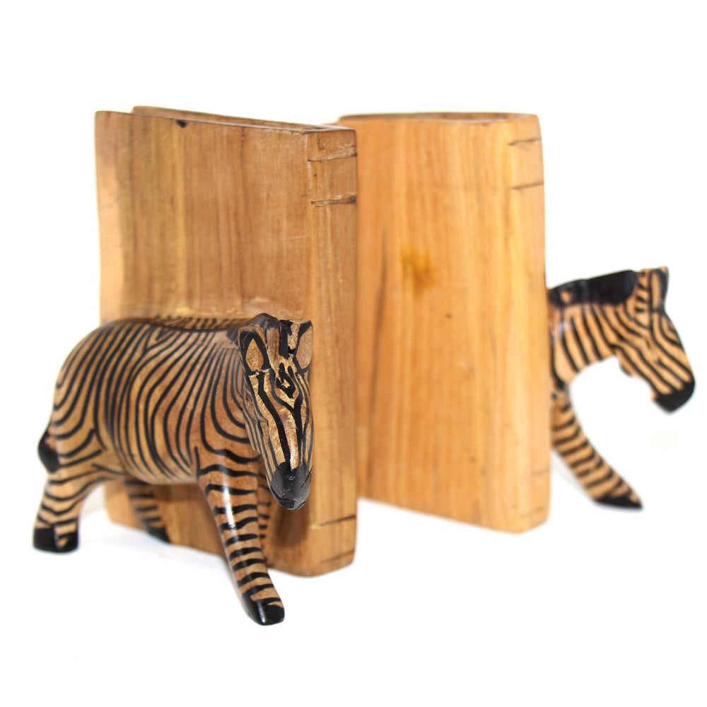 Carved Wood Zebra Book Ends, Set of 2