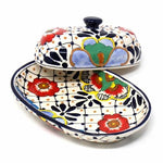 Handmade Pottery Butter Dish, Dots & Flowers