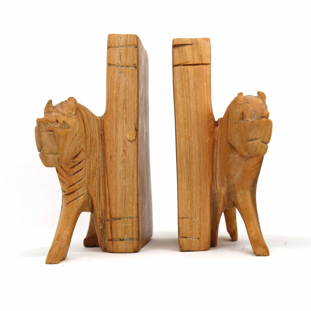 Carved Wood Lion Book Ends, Set of 2