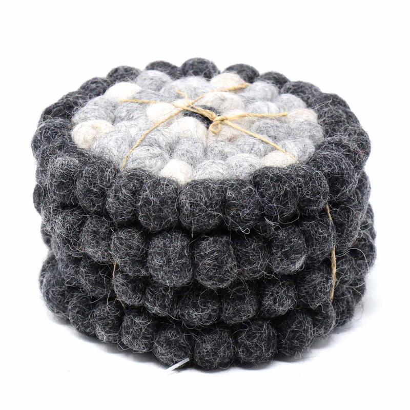 Hand Crafted Felt Ball Coasters from Nepal: 4-pack, Flower Black/Grey