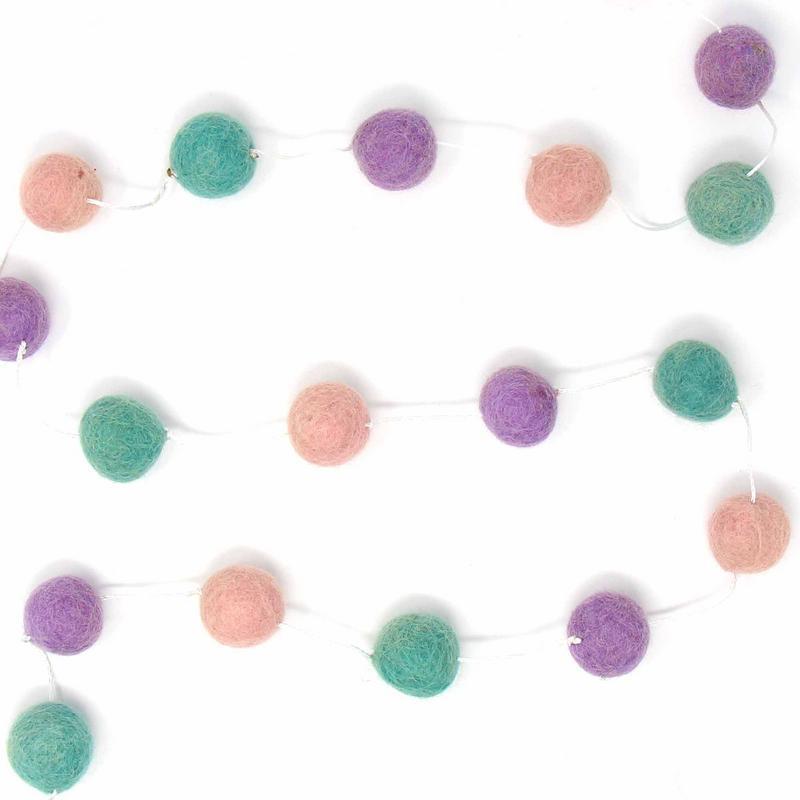 Hand Crafted Felt from Nepal: Pom Pom Garlands, Light Grey/Pink