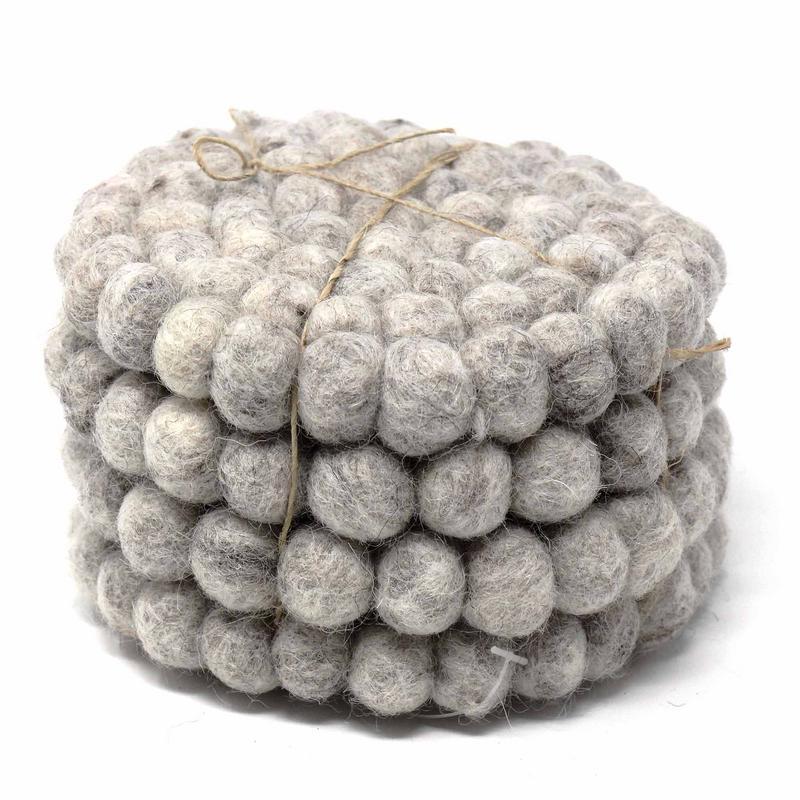 Hand Crafted Felt Ball Coasters from Nepal: 4-pack, Light Grey