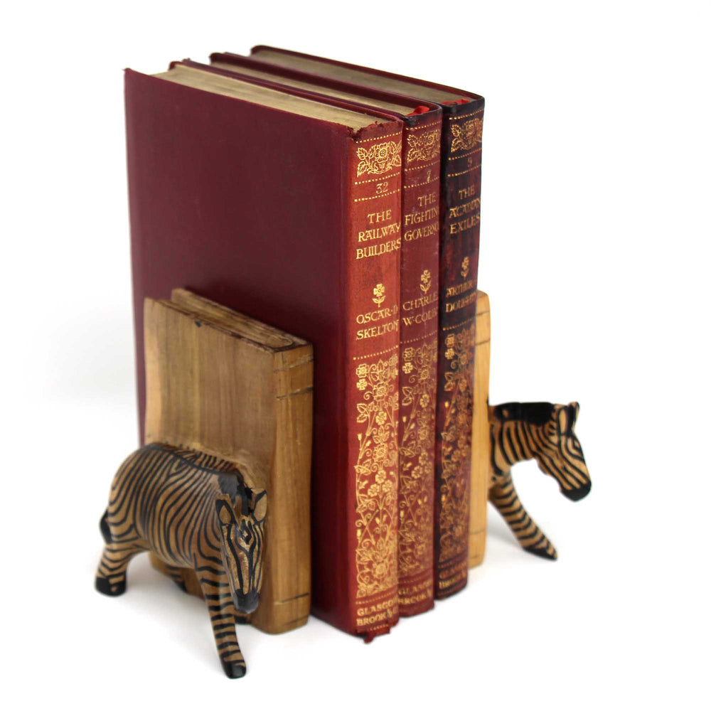 Carved Wood Zebra Book Ends, Set of 2