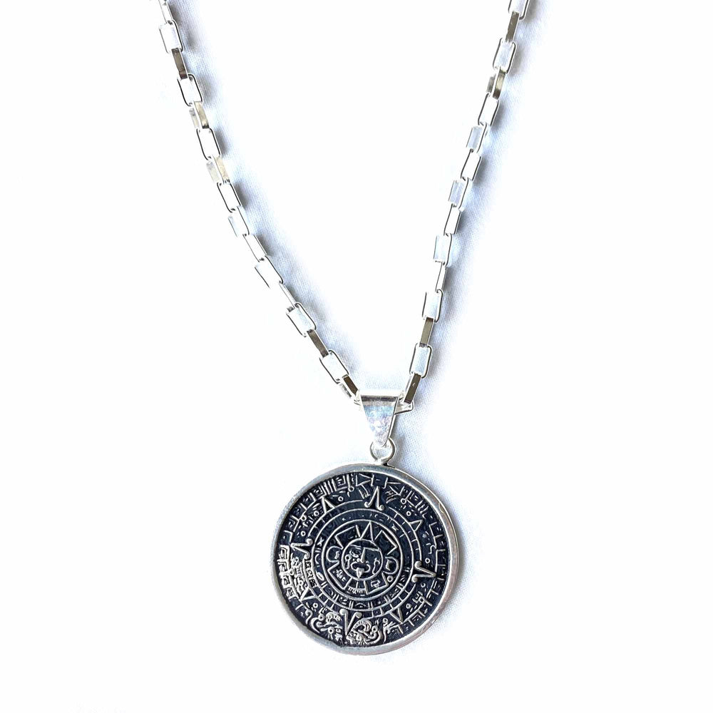 Alpaca Silver Aztec Calendar Pendant with Chain