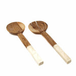 Olive Wood Salad Servers with Bone Handles, White with Square Design