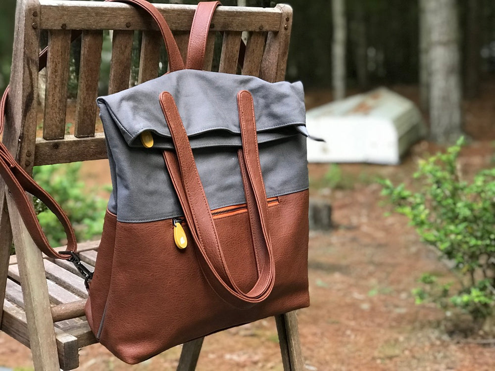 Vegan Leather Bag / Backpack - Grey & Brown