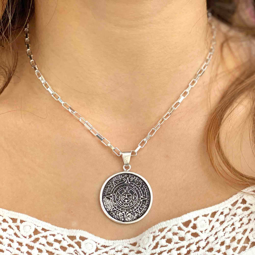 Alpaca Silver Aztec Calendar Pendant with Chain