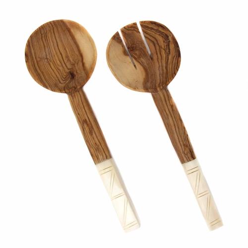 Olive Wood Salad Servers with Bone Handles, White with Square Design