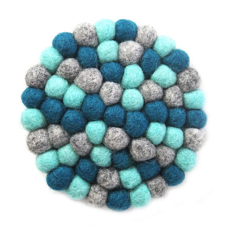 Hand Crafted Felt Ball Coasters from Nepal: 4-pack, Chakra Light Blues