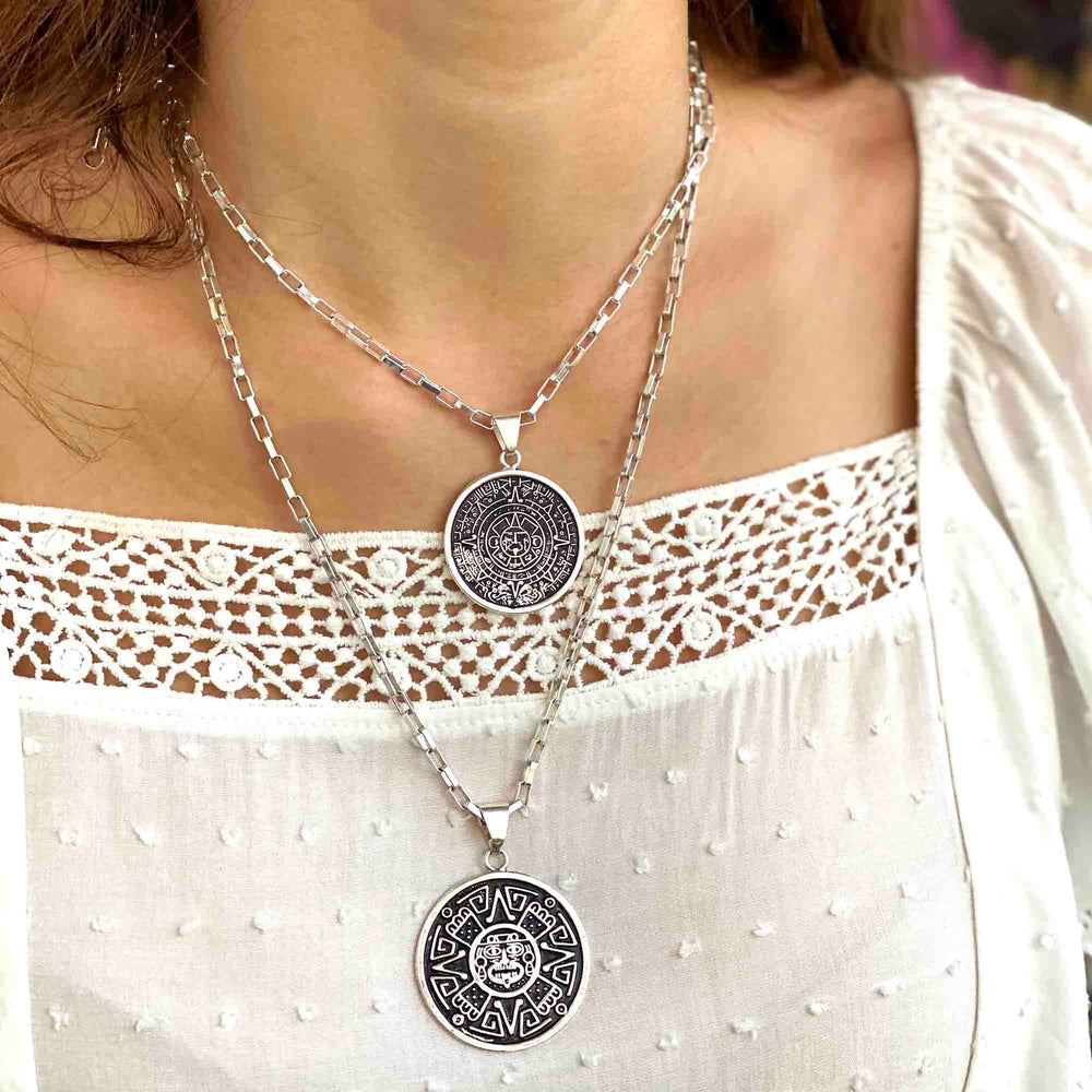 Alpaca Silver Aztec Face Pendant with Chain